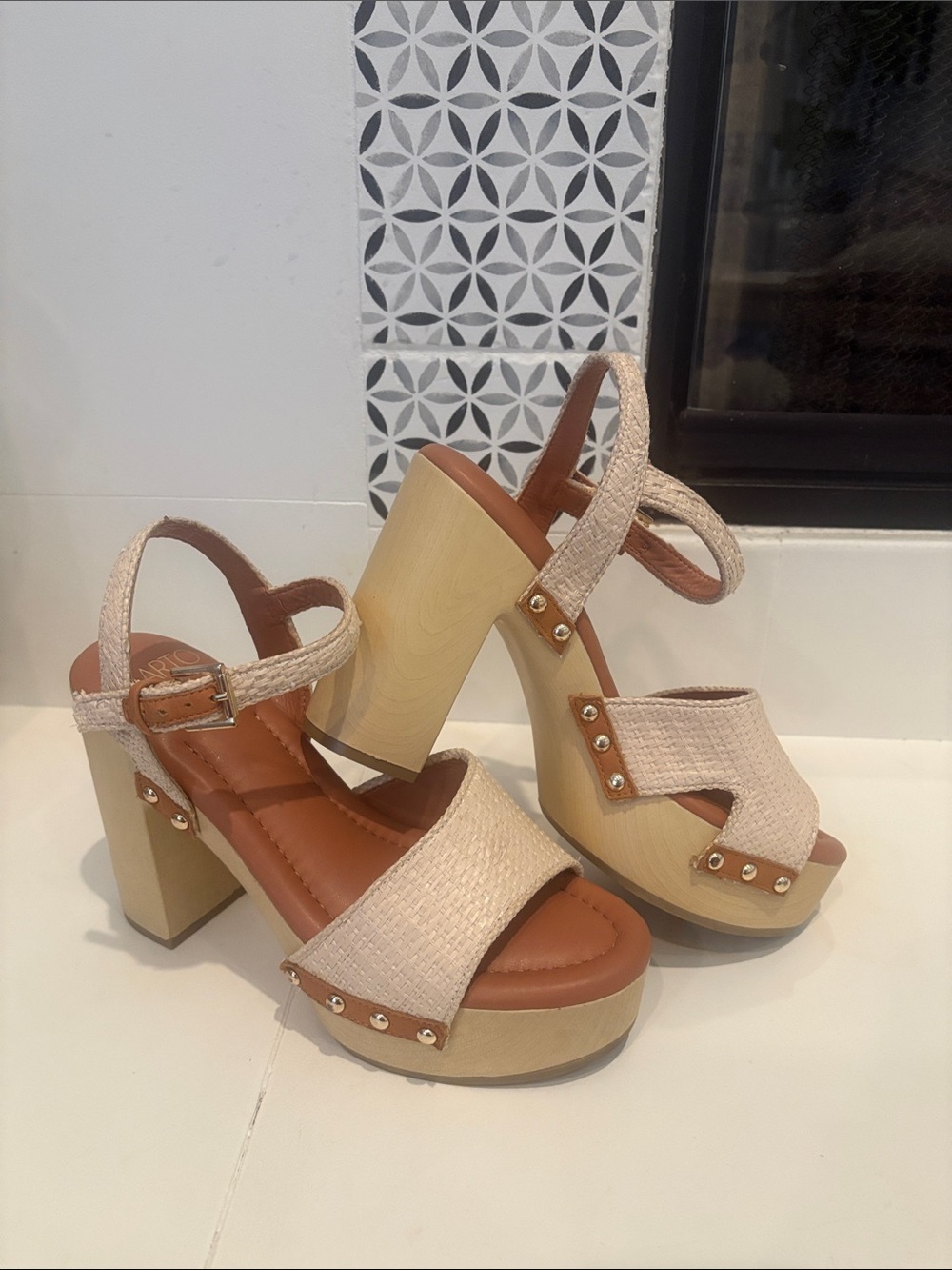 Franco Sarto Wally 2 Cream Woven Platform Block Heel Sandals